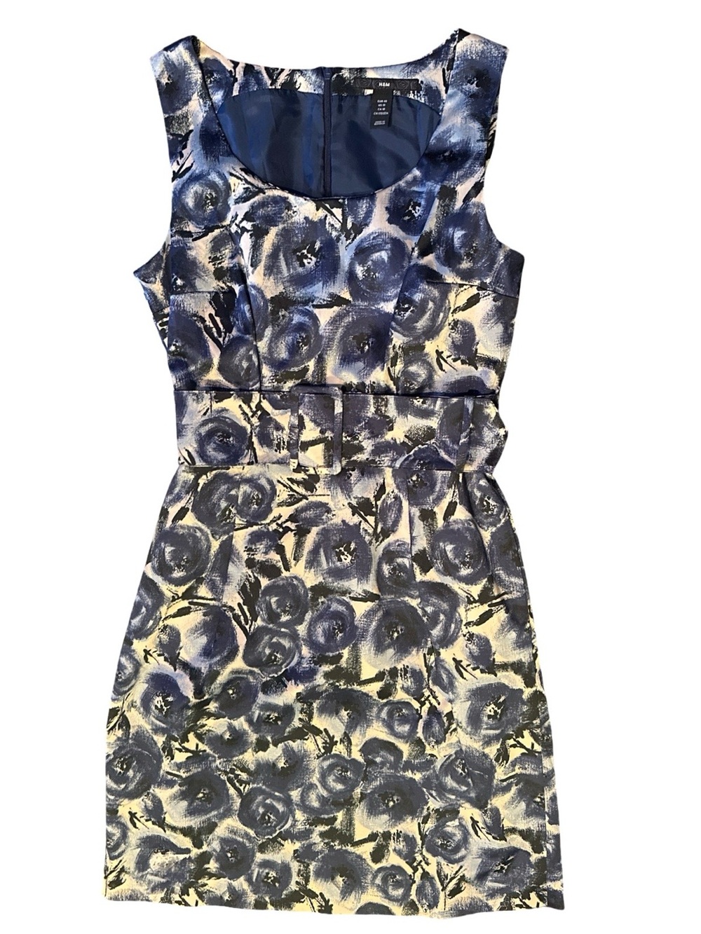 H&M Navy Blue Floral Scoop Neck Sheath Dress